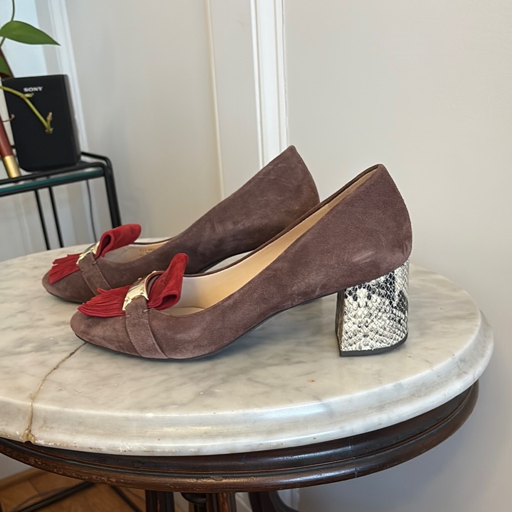 Cole Haan Suede Heels with Red and Snake Skin Accents - Picture 2 of 8